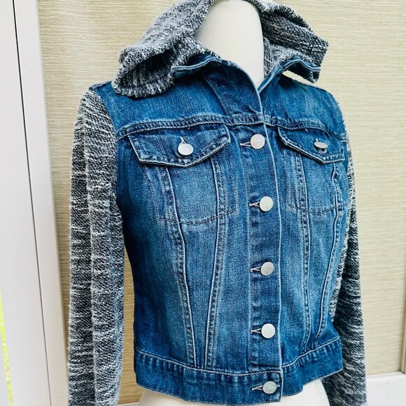Y2K Jessica Simpson Jean Jacket Denim and Knit Black White Removable Hood Size S - Picture 1 of 5